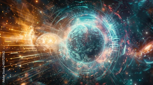Creative fantastic of technology using quantum computing for instant global communication, depicted in futuristic style, designed with a sharpen Cinematic for banner