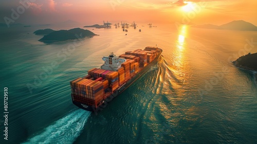 Container ship at industrial port in import export business logistic and transportation, Aerial view container loading cargo freight ship, Container ship loading and unloading in deep sea port.