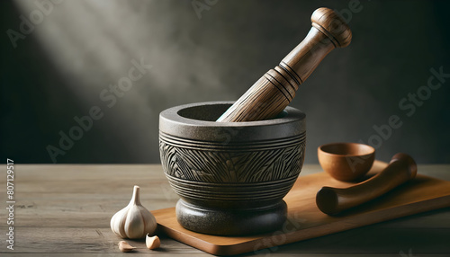 Traditional Mortar and Pestle with Garlic Cloves on Wooden Cutting Board in Rustic Kitchen Setting