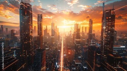 Rendering of a future mega city complex bathed in the warm light of sunset, representing a smart city and data center city in a sci-fi style futuristic setting.