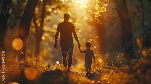 father and little son holding hands in sunlight. in summer forest nature outdoor, trust, protecting, care, parenting family concept. road to life . imagination of child dreaming