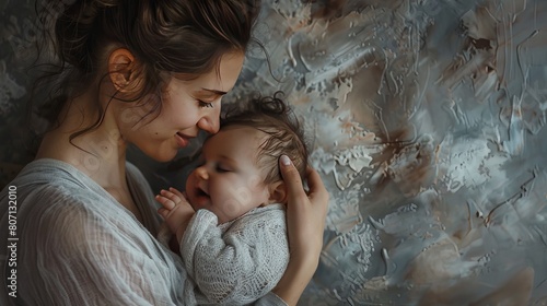 A mother gazes lovingly at her newborn baby, her eyes filled with joy. This intimate moment captures the essence of motherhood and the bond between a parent and child.