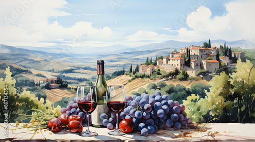 An idyllic depiction of a vineyard landscape, featuring a bottle of red wine, two glasses, and a bunch of grapes with a backdrop of rolling hills