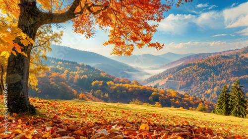 Autumn rural landscape with forest trees orange leaves, mountains and fields scenery. Generated AI