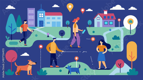 A virtual dog walking map where pet owners in the same neighborhood can connect and schedule walks together for their pups.. Vector illustration