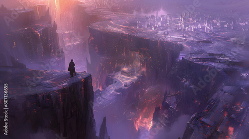 A city built within the confines of a massive crater, surrounded by jagged cliffs