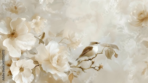 Delicate White and Beige Floral Painting with Soft Birdlike Silhouettes