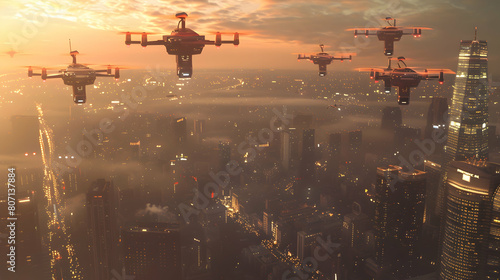 A cityscape where advanced AI-controlled drones patrol the skies, ensuring the safety and security of inhabitants