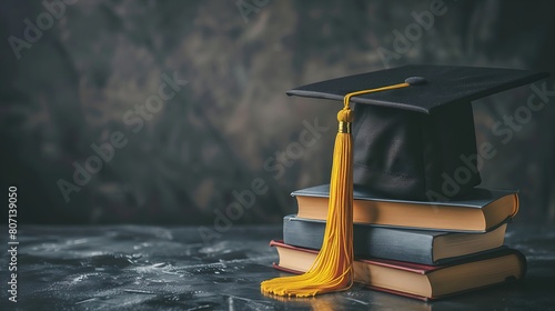 A graduation cap with a yellow tassel resting on a stack of hardcover books against a dark grey background