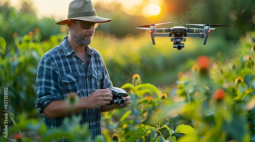Farmer spraying his crops using a drone for crop monitoring and analysis