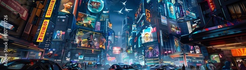 Capture a zany comedy scene in a futuristic cityscape, featuring flying cars, holographic billboards, and robot comedians on a stage, all under a starlit night sky