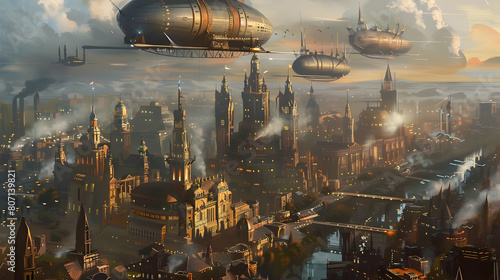 A cityscape where massive airships dock atop towering spires, serving as luxurious residences and entertainment venues