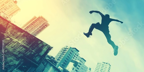 Dynamic silhouette of a man leaping between buildings against a sunset, embodying urban sports and freedom