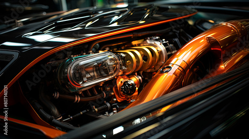 Muted studio lighting sets off the details of the customized intake manifold in high-performance vehicles