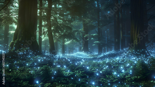 A forest overtaken by bioluminescent flora, casting an ethereal glow on the surroundings