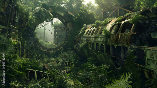 A post-apocalyptic world reclaimed by nature, with remnants of advanced technology peeking through overgrown foliage