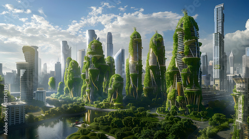 A skyline dominated by towering arcologies that serve as self-sustaining ecosystems