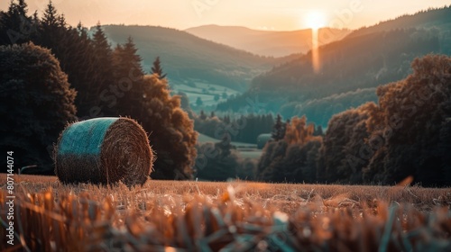 Close-up view of hay bales in beautiful agricultural field during golden hour in rural landscape