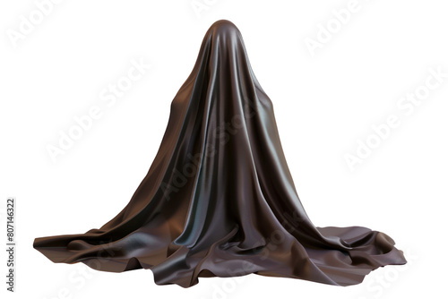 A person is standing behind a large piece of cloth, science fiction, isolate on white background.