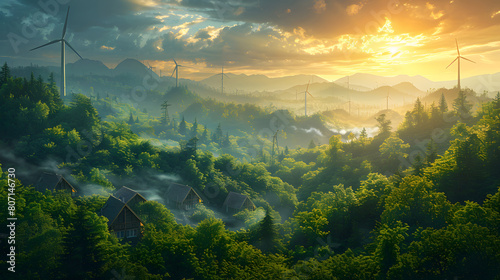 A picturesque scene of eco-friendly cabins nestled in a lush forest with wind turbines, showcasing green energy and sustainable living at sunset