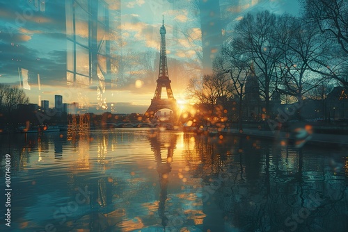 Eiffel Tower in Paris, France. Double exposure. Travel and tourism concept.