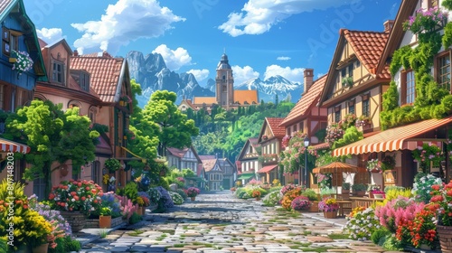 A street scene with a large building in the background and a row of houses with a flower garden in front