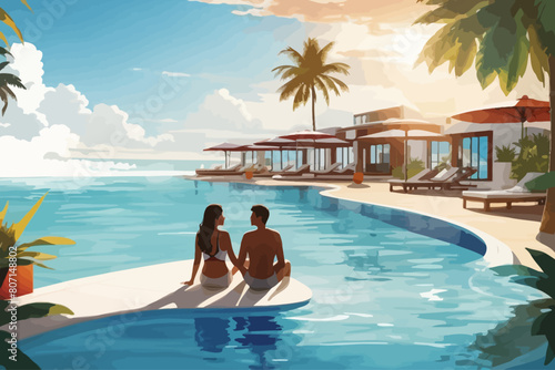 illustration couple enjoying the pool at a resort pool
