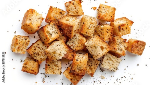 Partial view of large croutons on white background