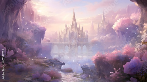 Fantasy landscape with temple and river at sunset. 3d illustration