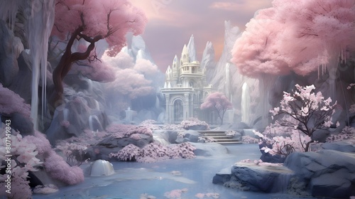 Fantasy landscape with a waterfall and a temple, 3d illustration