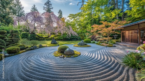 A Japanese garden with a pond and a rock garden. The pond is surrounded by rocks and has a small tree in it. The garden is peaceful and serene, with a sense of calmness and tranquility