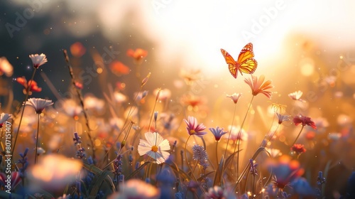 A butterfly is flying in a field of flowers. The sun is shining brightly, creating a warm and inviting atmosphere. The field is filled with a variety of colorful flowers, including daisies and roses