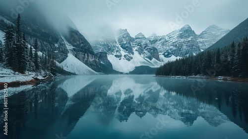 A beautiful mountain lake with snow on the mountains and trees. The lake is calm and peaceful. The reflection of the mountains in the water creates a serene and tranquil atmosphere