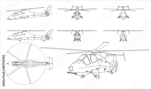 American project of a multi-purpose reconnaissance and attack helicopter. Blueprint with projections and isometry on a transparent background. Scale model. 