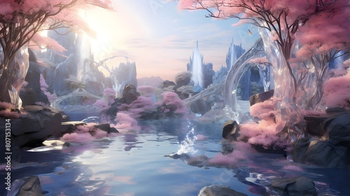 Fantasy landscape with a waterfall and a lake. Digital painting.