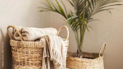 A beautiful still life of a wicker basket filled with a soft, cream-colored blanket boho style