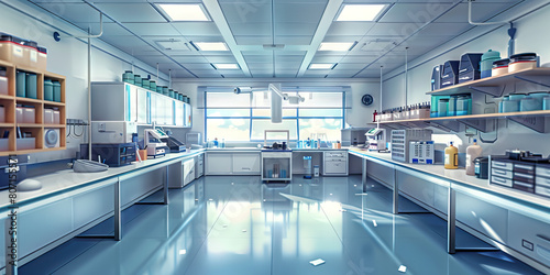 Science Laboratory Floor: Displaying lab benches, sinks, microscopes, and safety equipment for conducting experiments