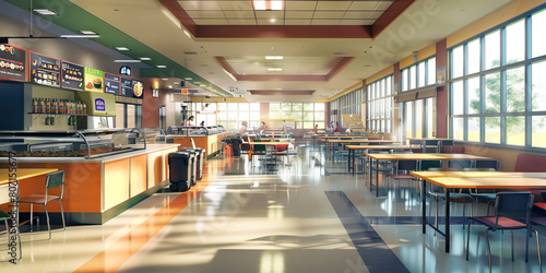 Cafeteria Floor: Featuring dining tables, serving counters, food stations, and trash/recycling areas