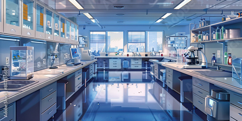 Science Laboratory Floor: Displaying lab benches, sinks, microscopes, and safety equipment for conducting experiments