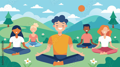 Smiling faces and relaxed postures as individuals find peace and grounding in the tranquil outdoor setting.. Vector illustration