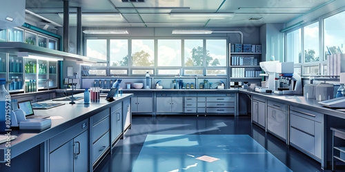 Science Laboratory Floor: Displaying lab benches, sinks, microscopes, and safety equipment for conducting experiments