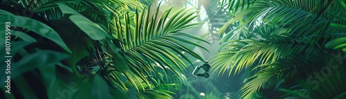 Capture the sleek lines of a robotic arm delicately placing a tiny camera amidst a lush jungle canopy Contrast the precision of technology with the untamed beauty of nature in a hi