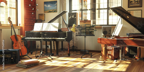Music Room Floor: Featuring musical instruments, sheet music stands, a piano, and audio equipment for music classes.