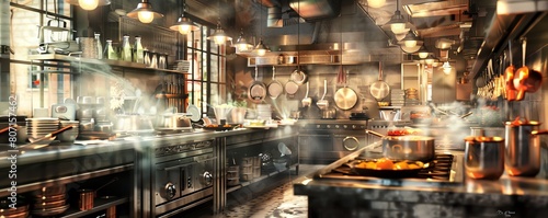 Explore a panoramic view of a bustling kitchen scene with steaming pots