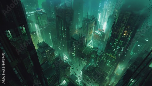 Explore a tilted angle view of a futuristic cityscape
