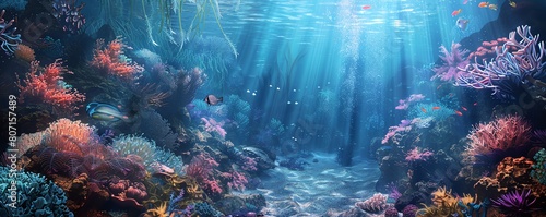 Explore an ethereal underwater kingdom teeming with phosphorescent flora and fauna from a unique worms-eye view, creating a surreal masterpiece of digital aquatic delights