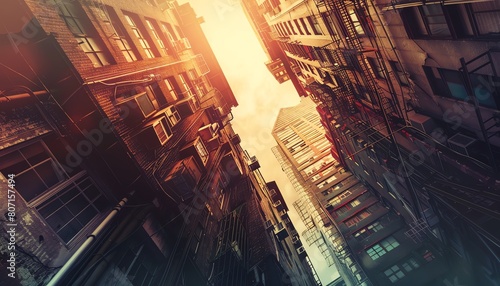 Explore a tilted angle view of a futuristic cityscape