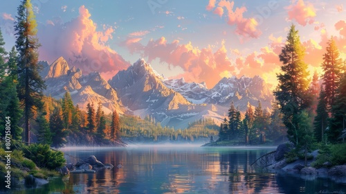A beautiful mountain range with a lake in the foreground. The sky is filled with clouds and the sun is setting, creating a warm and peaceful atmosphere