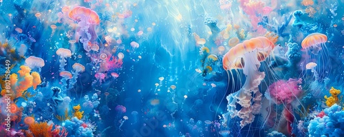 Immerse viewers in a whimsical marine landscape brimming with surreal jellyfish forests and enchanting mermaid gatherings