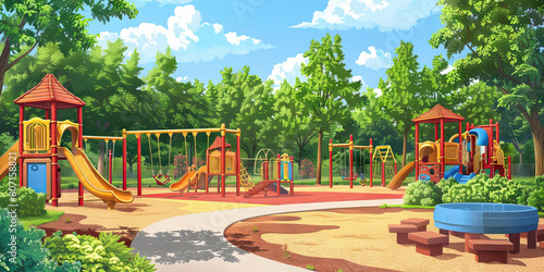 Outdoor Playground Floor: Featuring play structures, swings, slides, and open areas for outdoor play